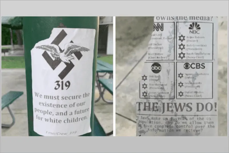 Two flyers posted in Oelwein’s City Park by white supremacist hate group Crew 319, which some believe are based in Oelwein.