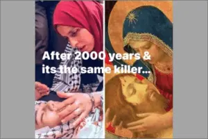 An image shared by the former director of Al Jazeera declares 'same killer' behind deaths of Jesus, Palestinians. (Screenshot)