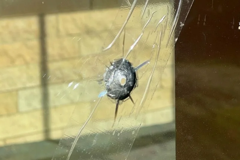 The window that was broken by a suspected pellet gun at Adath Jeshurun Congregation on Sept. 30, 2022. (Photo by Lonny Goldsmith/TC Jewfolk).