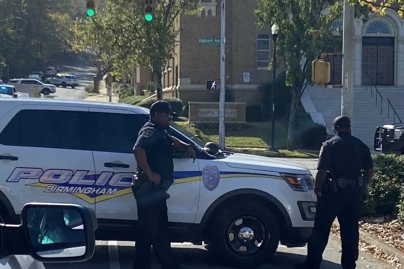 Authorities are investigating a suspicious backpack left outside Birmingham's Temple Beth-El on Friday, Nov. 4, 2022. (Carol Robinson)