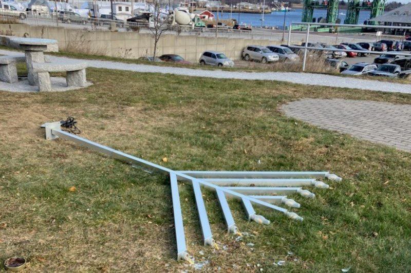 The Menorah overlooking the Maine State Ferry Service in Rockland was vandalized Tuesday night Dec. 13/14. Photo courtesy of Adas Yoshuron Synagogue