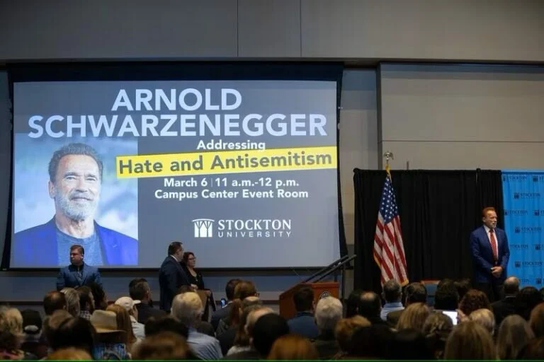 Arnold Schwarzenegger speaks out against antisemitism and hate during speech at Stockton University