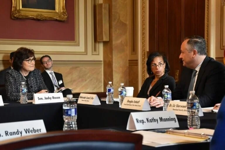 Sen. Jacky Rosen (D-NV), left, Domestic Policy Council Director Susan Rice and Second Gentleman Doug Emhoff at today's strategy session.